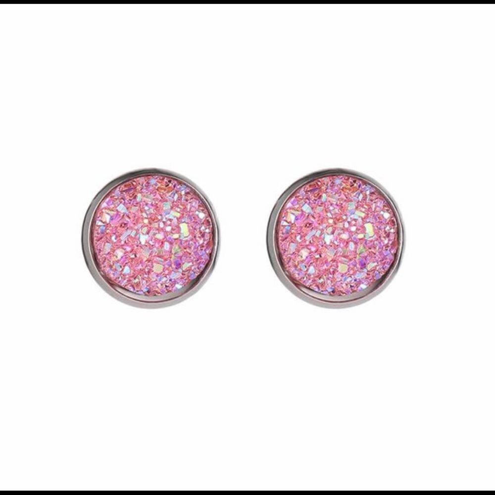 Simple Round Sparkly Pink Earrings